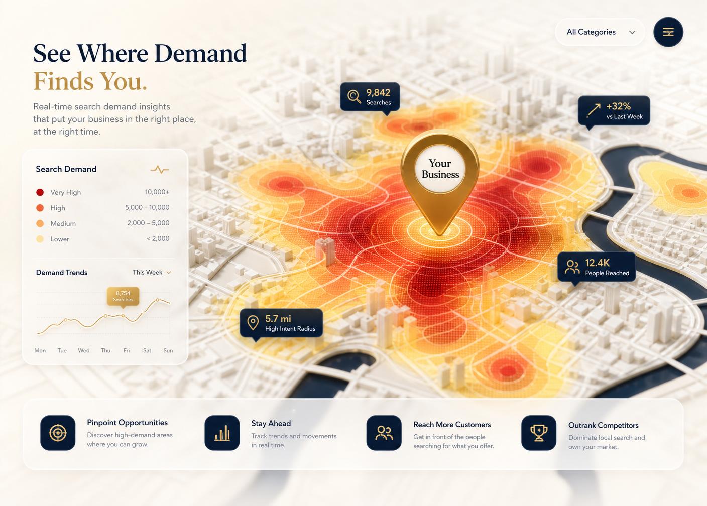 Heat map of customer search density across a city with a gold pin on your business