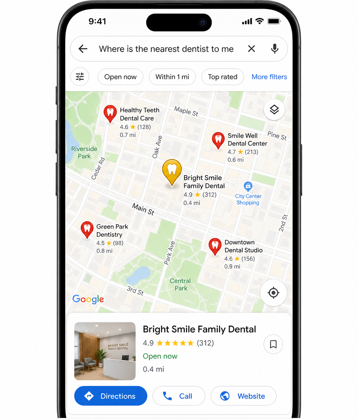 Mobile search "Where is the nearest service provider to me" — featured business pinned