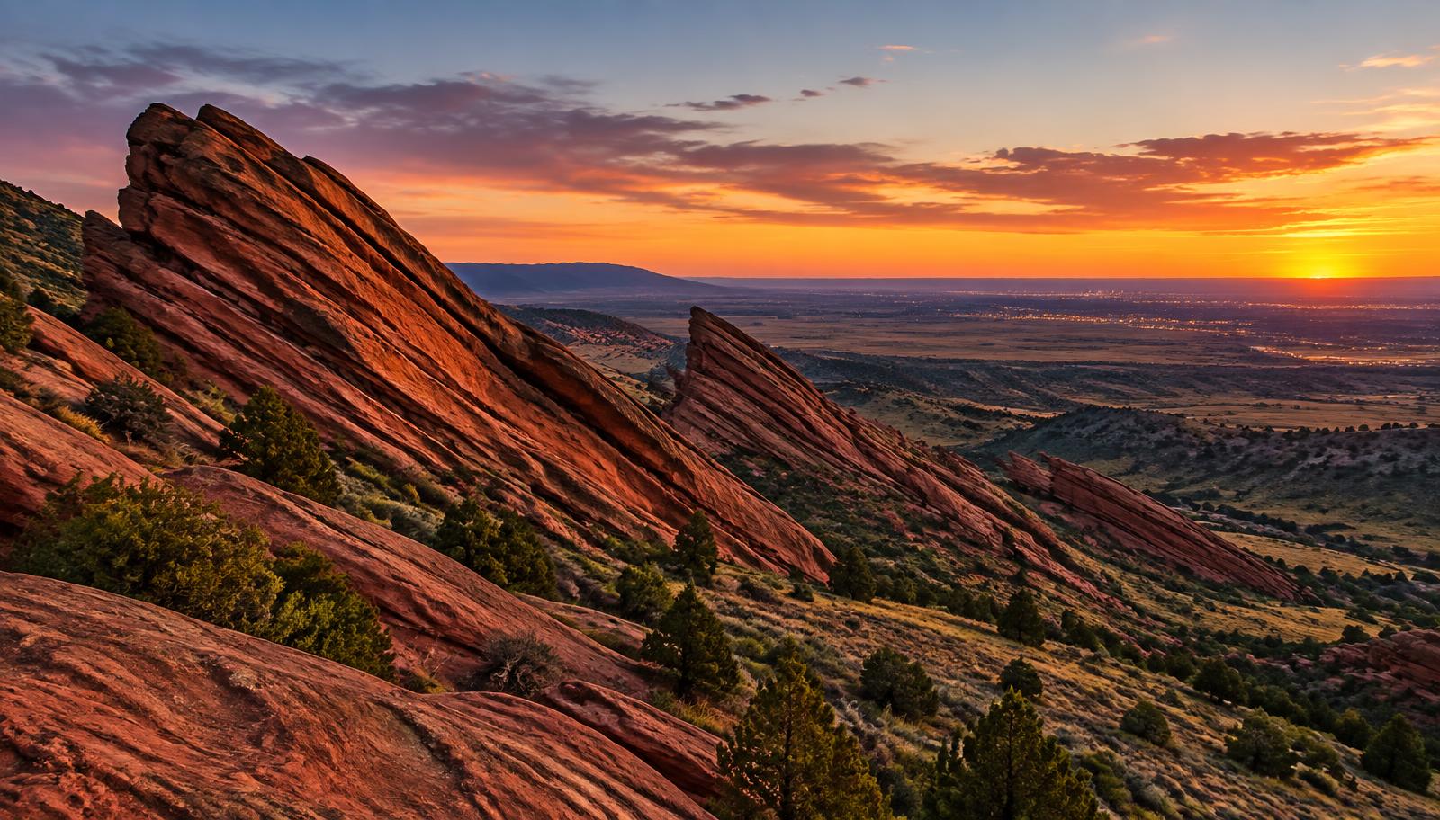 Tilted red sandstone formations at sunset, with the plains and distant city lights beyond.