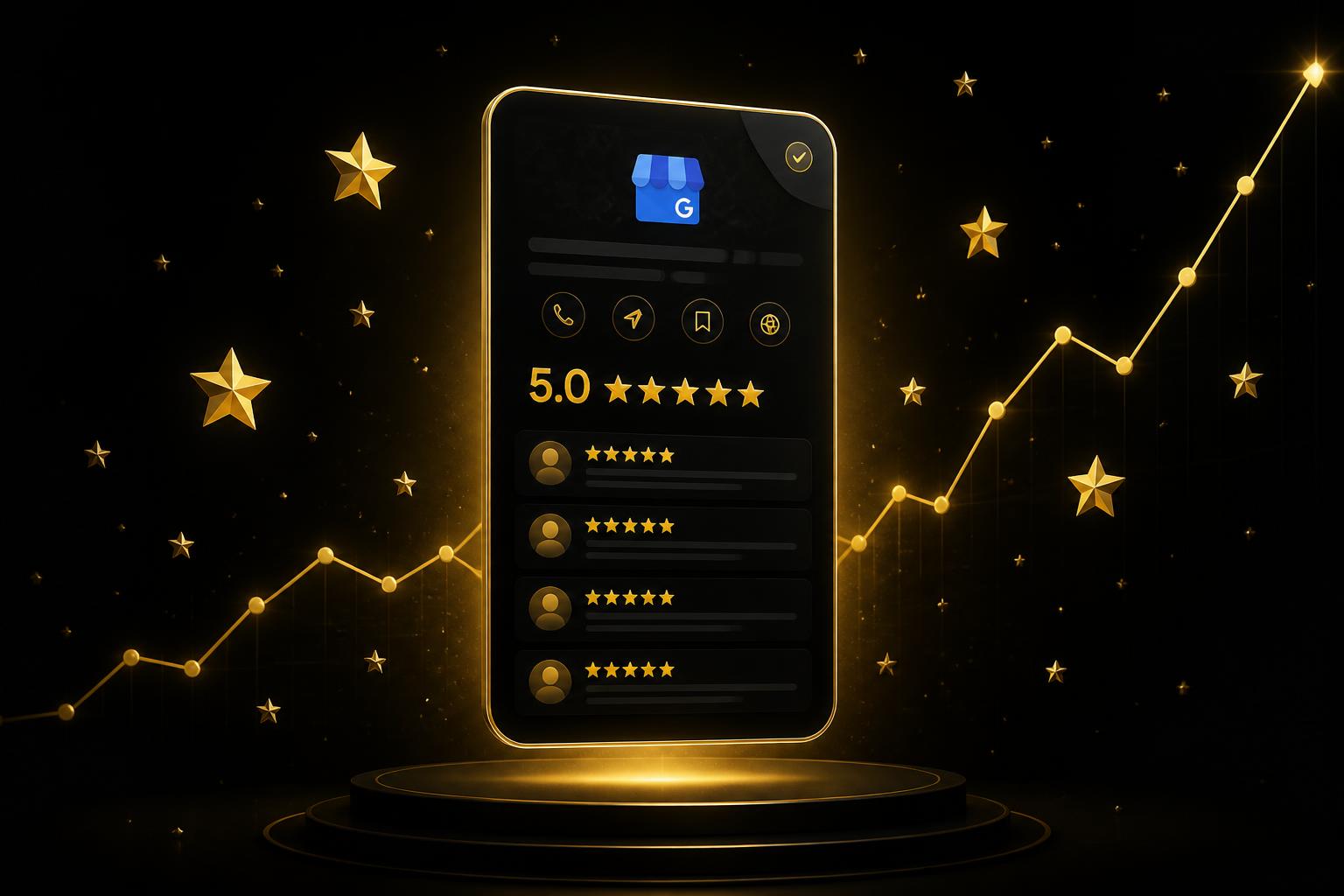 Google Business Profile showing a 5.0 star rating with a rising trend of new 5-star reviews